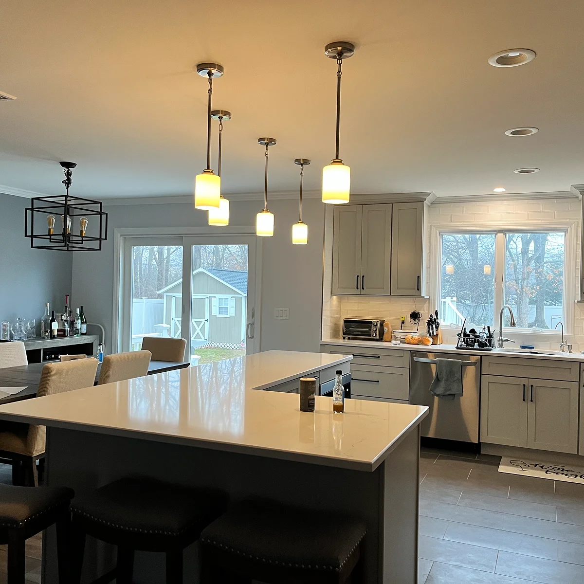 Gray kitchen with wraparound island