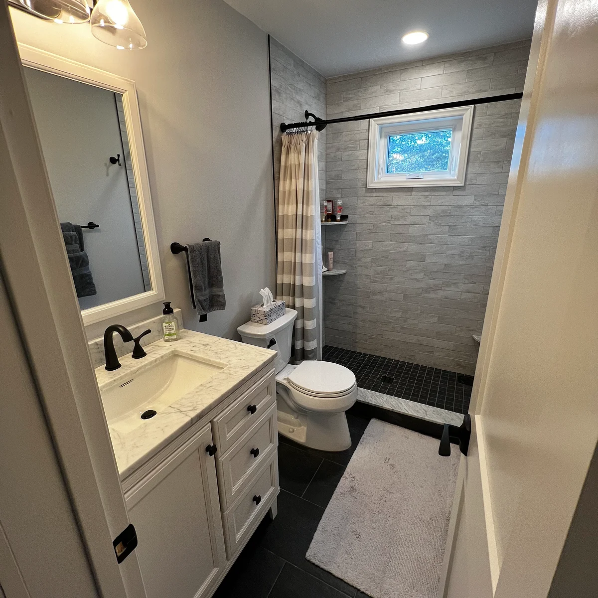 Gray tile walk-in shower bathroom