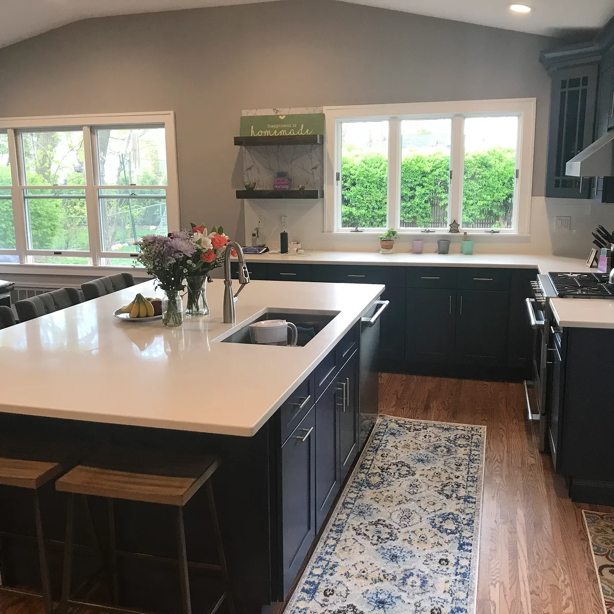 Navy kitchen with white island