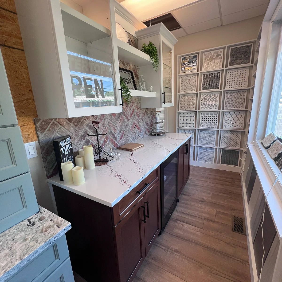 Showroom wet bar and tile sample wall